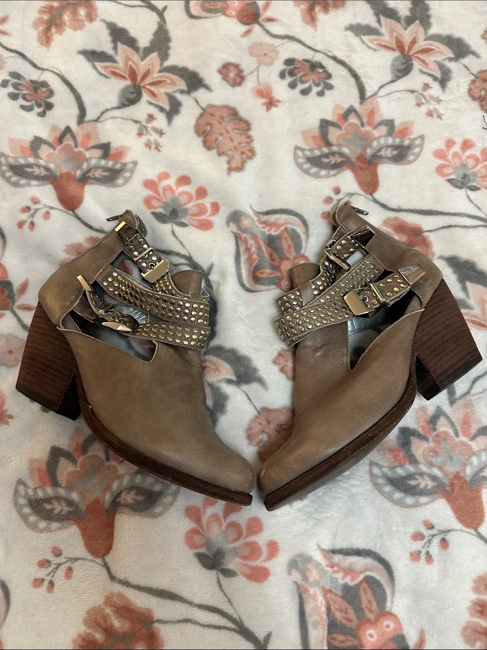 Jeffrey Campbell Taupe Cutout Heeled Ankle Boots with Studded Straps
